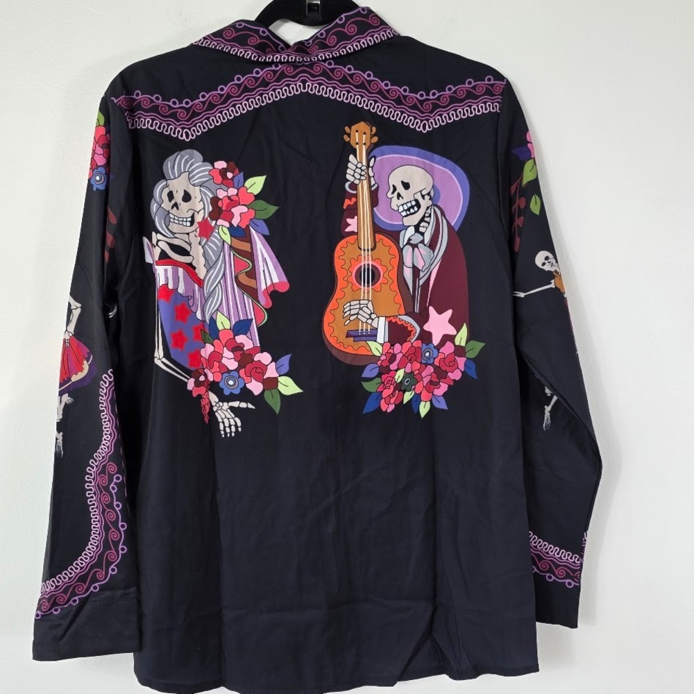 Womens Day of the Dead Skeleton Guitar Print Button Up Shirt Long Sleeve‎ Black - Picture 3 of 7